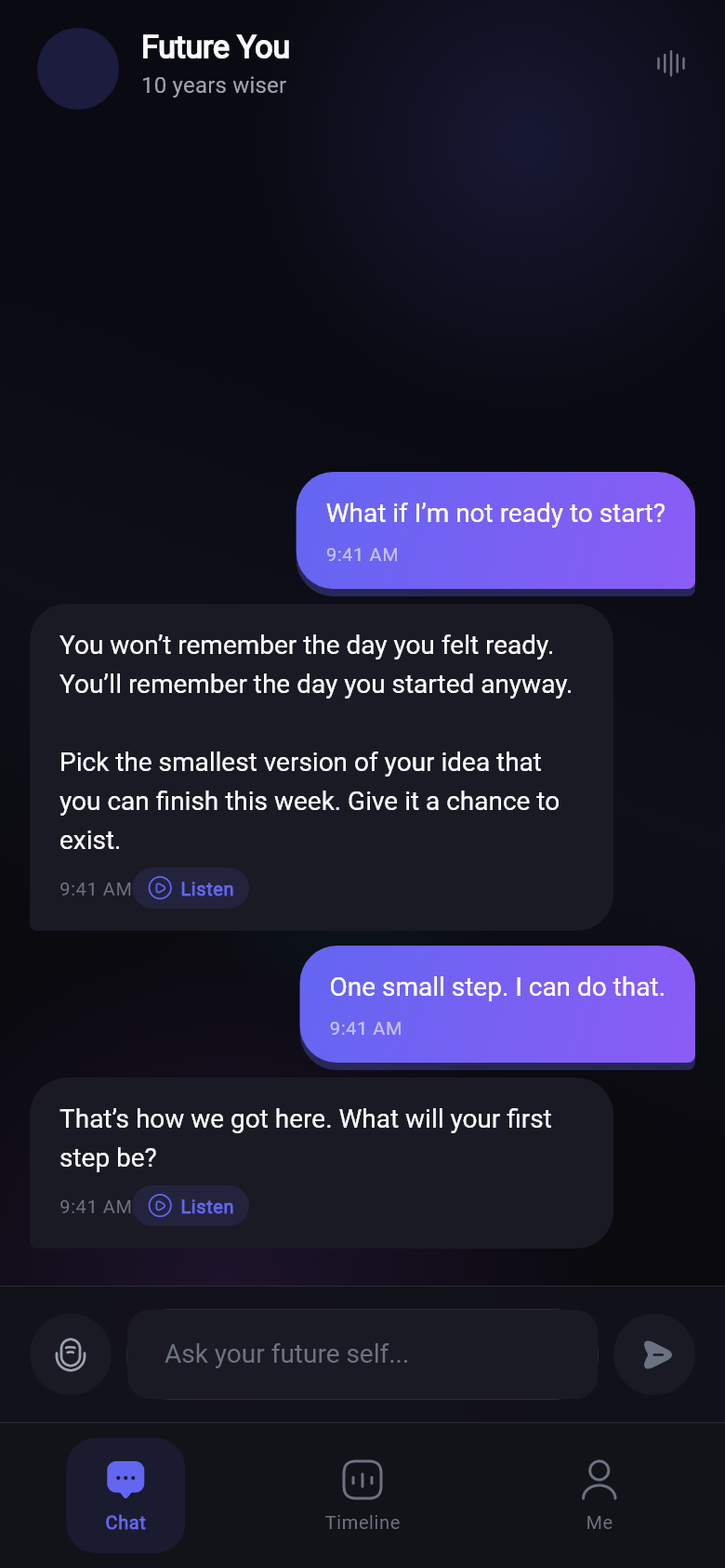 Future Me’s actual chat screen, rendered from the original Flutter app with sample conversation content