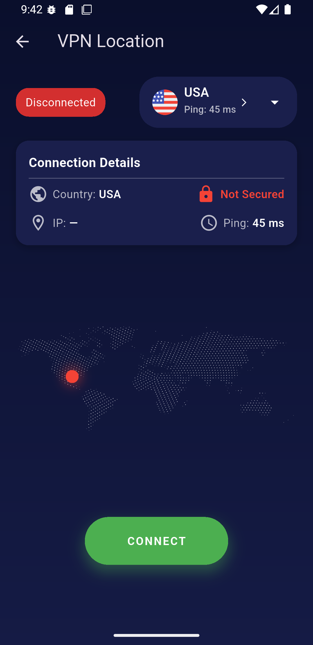 Original RedShield Android app screenshot showing its VPN location, connection details, and world map