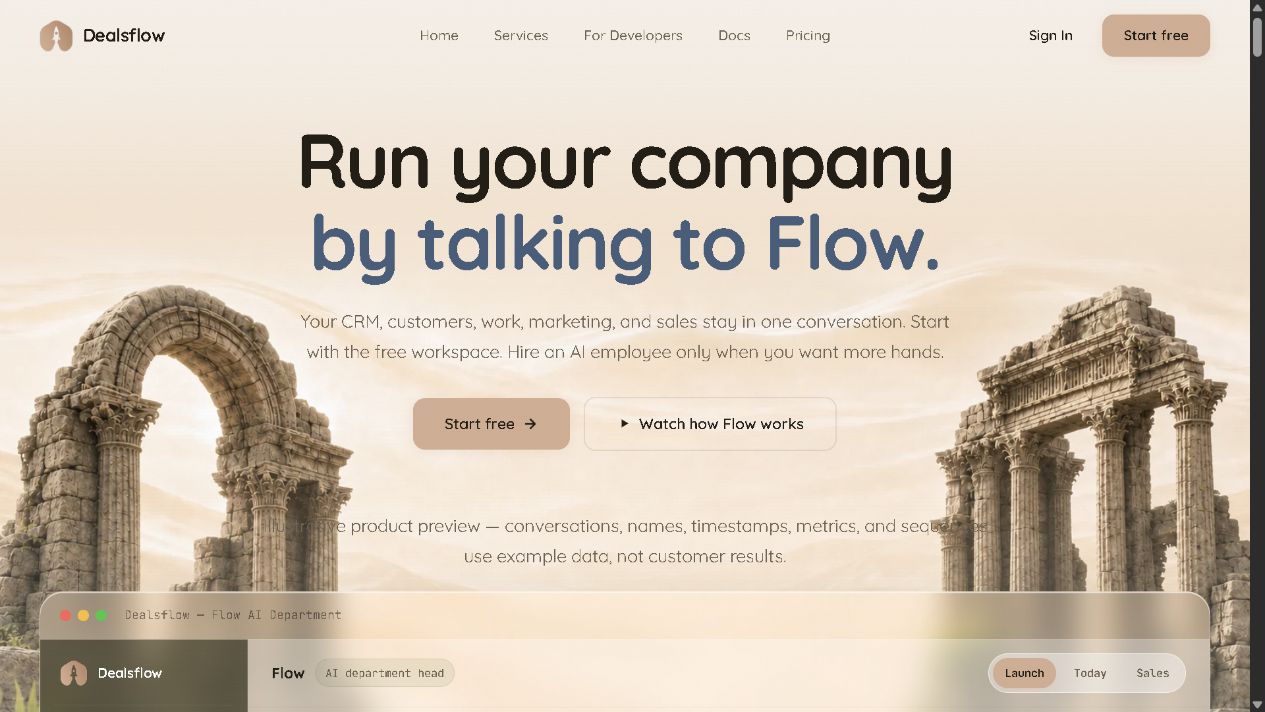 Dealsflow’s website, with its stone architecture and Run your company by talking to Flow headline