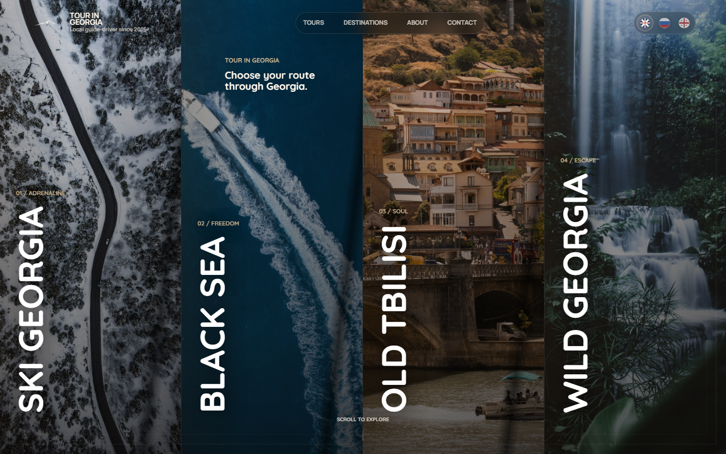 Touringeorgia’s original four-panel homepage: Ski Georgia, Black Sea, Old Tbilisi, and Wild Georgia